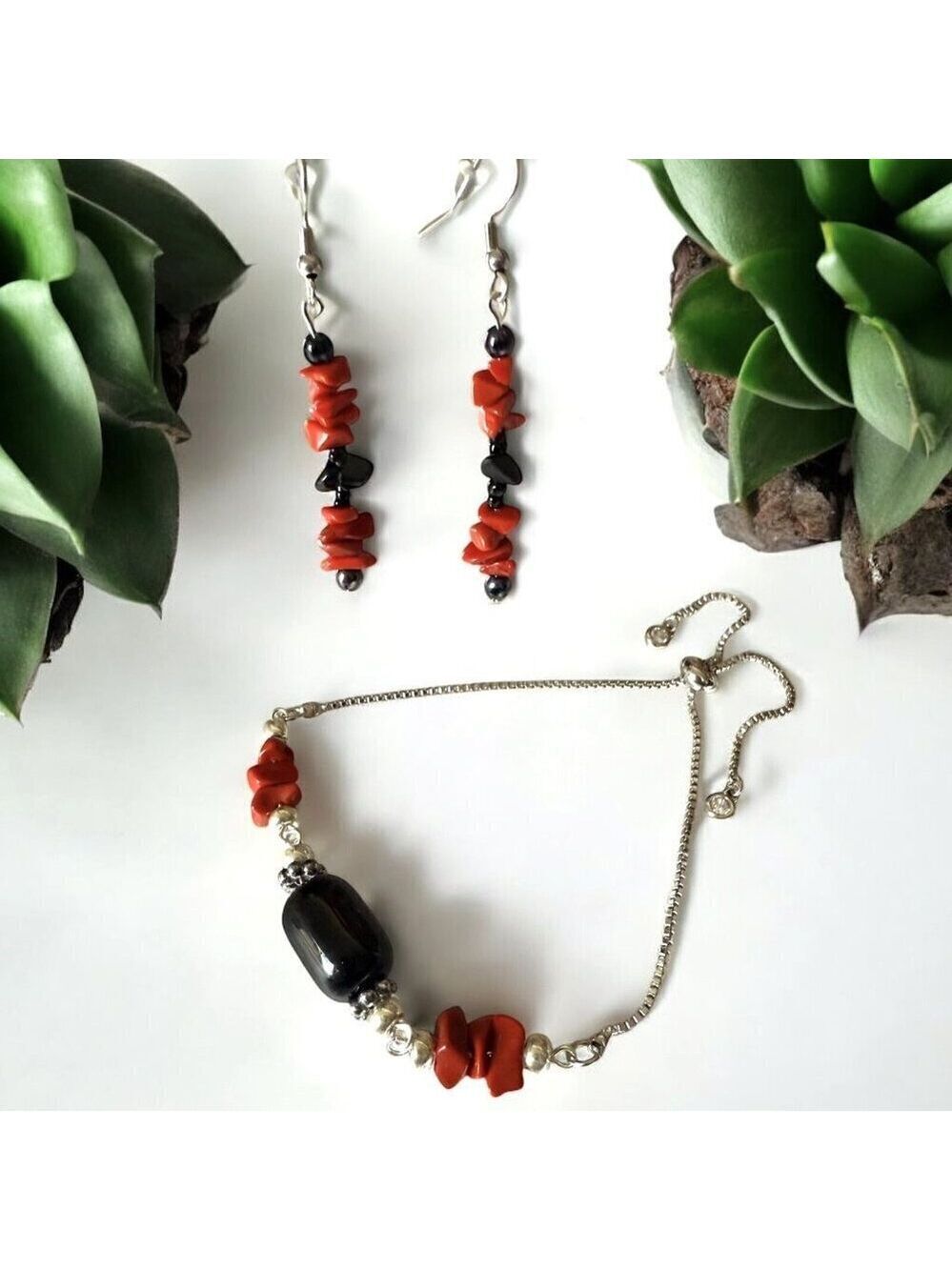REIMAGINED Red Coral Obsidian Bracelet Earring Set Stainless Steel